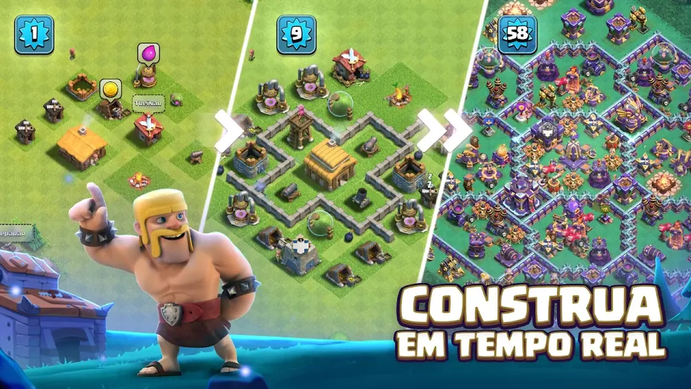 Três fases de uma aldeia do Clash of Clans lado a lado, do primeiro acampamento à disposição defensiva completa.