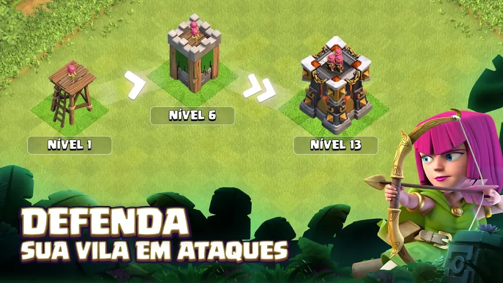 Evolução de uma torre de arqueiras do Clash of Clans ao longo de vários níveis, com uma personagem arqueira em primeiro plano.