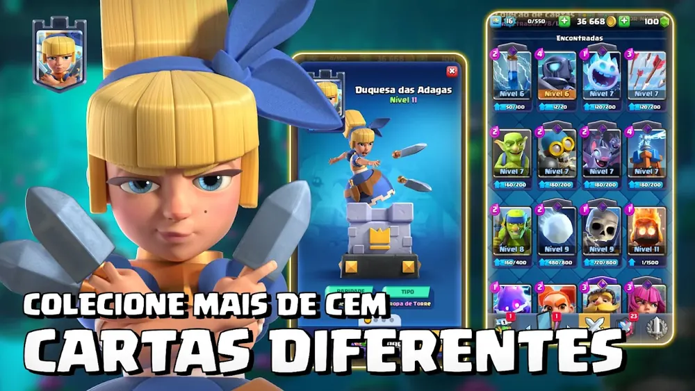 Ecrã de coleção do Clash Royale, representando a secção de defesa de torre.