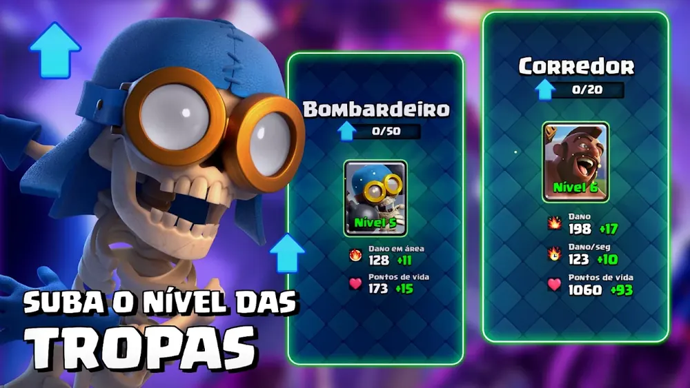 Duas cartas de tropa do Clash Royale lado a lado, com os respetivos valores de dano e pontos de vida.