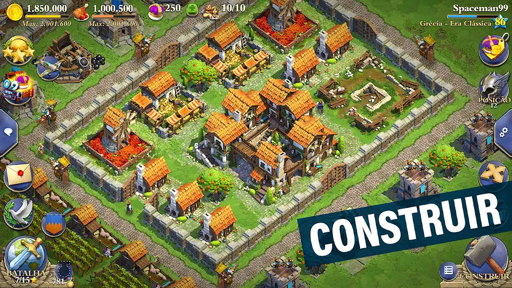 Acampamento da era clássica no DomiNations, com muros a fechar compartimentos e edifícios alinhados em torno de uma praça.