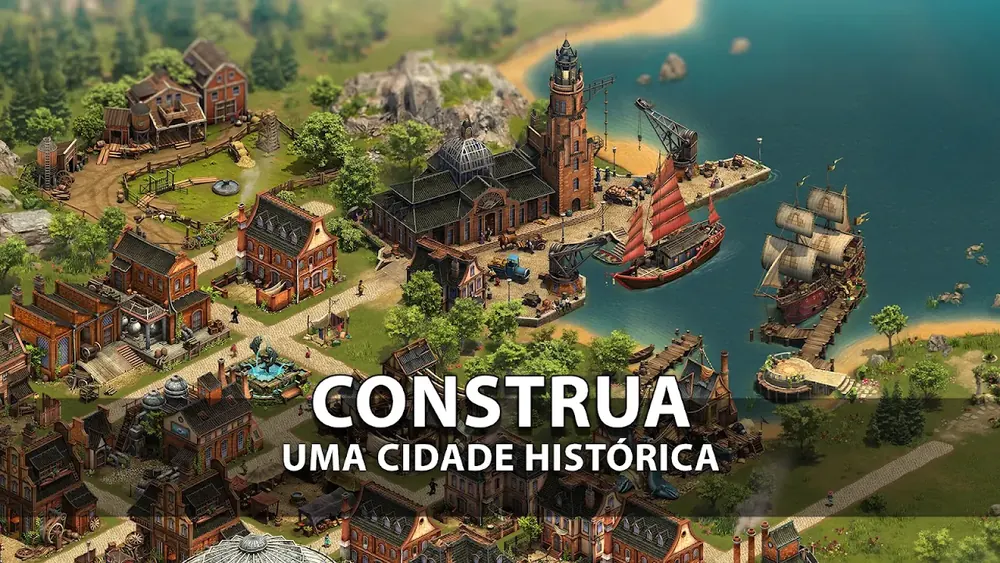 Cidade costeira do Forge of Empires vista de cima, com edifícios históricos ligados por estradas e navios ancorados.