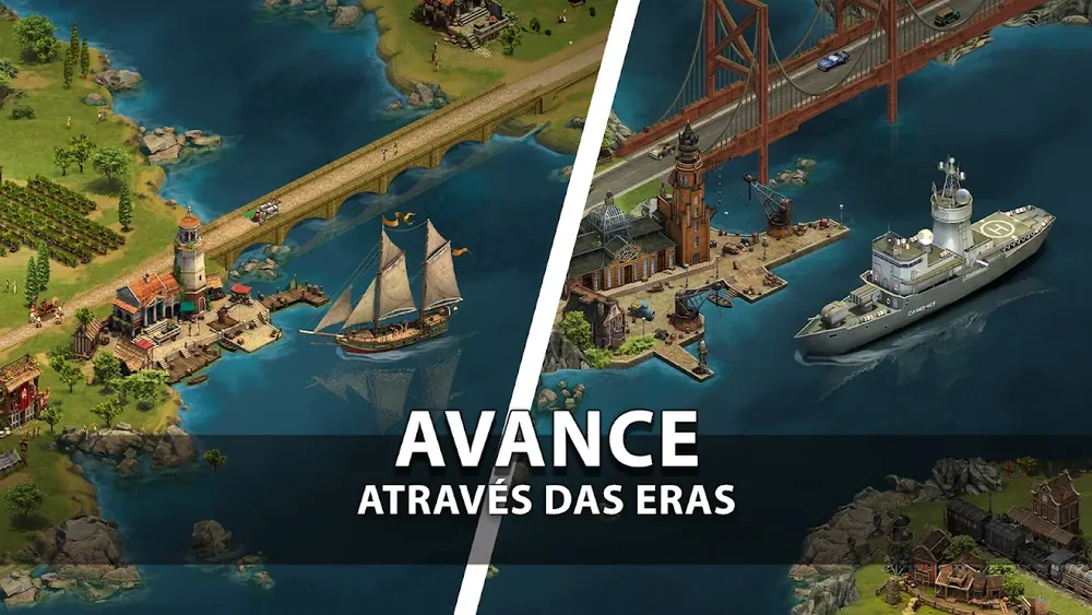 A mesma zona costeira do Forge of Empires em duas eras diferentes, com um navio à vela de um lado e uma ponte moderna do outro.