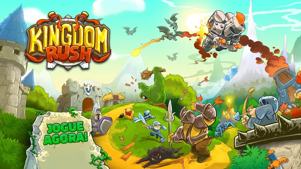 Ecrã de apresentação do Kingdom Rush, com o castelo à esquerda e várias unidades dispostas ao longo do caminho de terra.