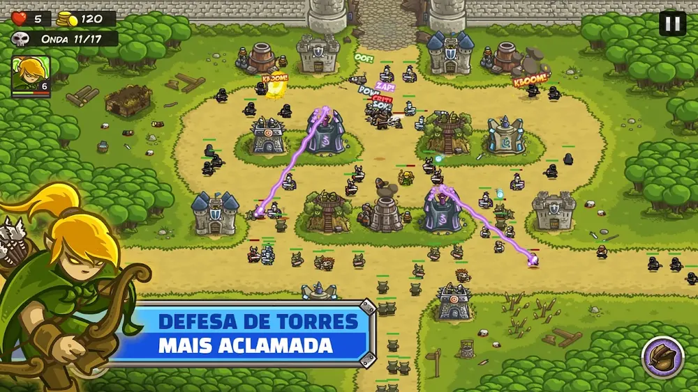 Mapa em curso do Kingdom Rush, com torres colocadas ao longo do caminho, contador de vaga no topo e o herói arqueiro em primeiro plano.