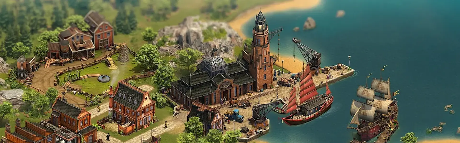 Vista aérea de uma cidade costeira do Forge of Empires, com telhados vermelhos, um porto e embarcações à vela.